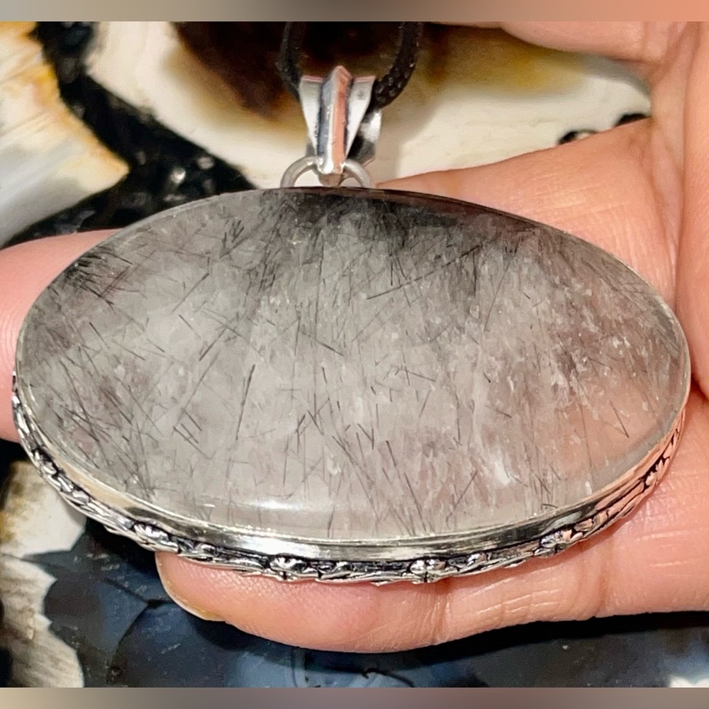 Large Oval Black Rutilated Quartz Pendant 1 7/8”x 1 7/8”